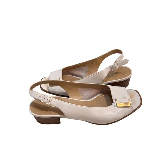 Salvatore Ferragamo White Leather Slingback Heels Gold Buckle Women's Size 9.5 B - Picture 6 of 15